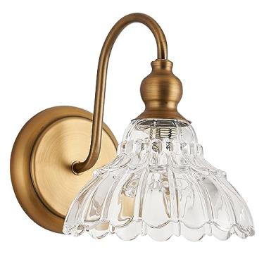 Imagem de TLOLGT Arandela de parede de bronze vintage dourada feita de corpo de cobre galvanizado e luz de vaidade retrô de vidro estampado prensado para quarto, banheiro, entrada, hall de entrada, luz de