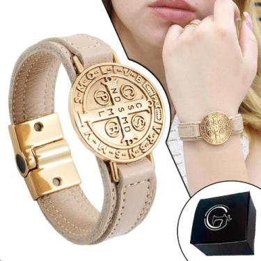 Imagem de Pulseira Couro São Bento Feminina Magnética Banhado a Ouro - GRANADO A