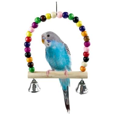 Imagem de Brinquedo para pássaros, balanço de pássaros com suporte de poleiro e sino, brinquedo de pássaro colorido de madeira natural para pássaros de tamanho pequeno, periquito, calopsita, cacatua (G)