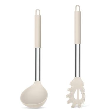 Imagem de TeamFar Conjunto de Concha de Sopa de Silicone e Garfo para Macarrão, 2 Peças Grandes Utensílios de Cozinha Antiaderentes com Cabo de Aço Inoxidável para Drenar, Servir Sopa, Molho (Grande, Cáqui)