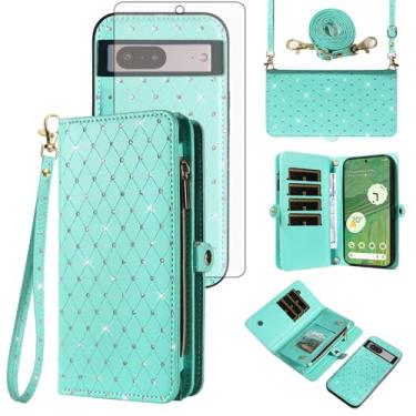 Imagem de Asuwish Capa de celular para Google Pixel 7 5G com zíper carteira destacável com protetor de tela de vidro temperado, alça transversal com glitter, compartimento para cartão Pixel7 Pixle Seven 6.3