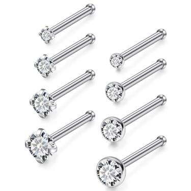 Imagem de Gnznzko Anéis de nariz de titânio de aço inoxidável 18G, 20G, 22G, para mulheres, piercing de nariz, em forma de L, piercing de nariz, joias femininas CZ 1,5 mm, 2 mm, 2,5 mm, 3 mm, prata, preto,
