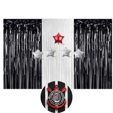 Imagem de Kit Festa Tema Corinthians, 3 Cortina Metalizada Preta e Branca e 5 Ba