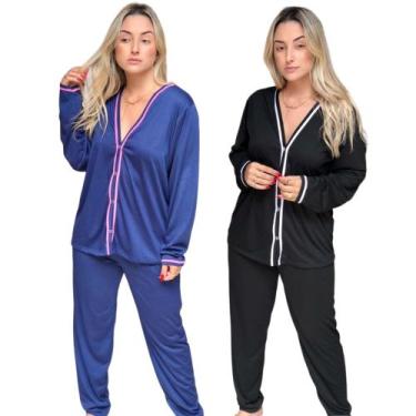 Imagem de Kit 2 Pijama Feminino Longo de Inverno Americano Botão malha - Pijamas