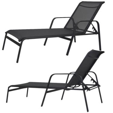 Imagem de Kit 2 Cadeira Espreguiçadeira De Piscina Alumínio E Tela Sling Preto + Mesinha Preto