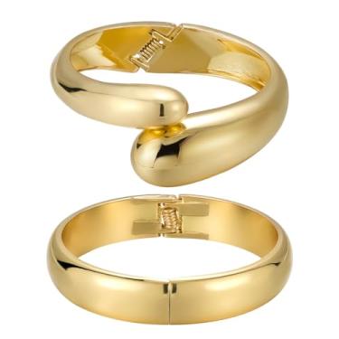 Imagem de Emibele Pulseira de punho de ouro, pulseira aberta banhada a ouro 18 K, conjunto de pulseiras grossas de pulso articulado em gota para mulheres, presente de joias não manchadas, pacote com 2, Liga de