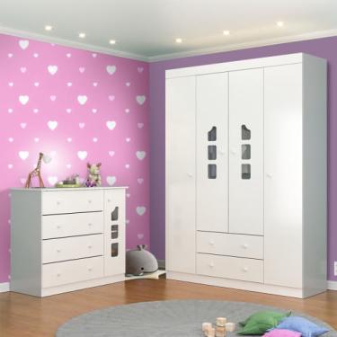 Imagem de Quarto de Bebê Cômoda Infantil e Guarda Roupa Infantil 4 Portas e 2 Gavetas Lívia 100% mdf Cor Branco Brilho - Phoenix