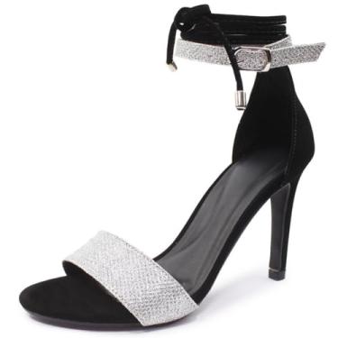 Imagem de Sandália Re&Ton Salto Fino Brilho Amarração Feminina FN14 (Preto Prata, BR, Adulto, Numérico, 34)