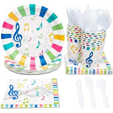 Imagem de Juvale Conjunto de utensílios de mesa para decoração de festa com tema musical – 144 peças, serve 24 unidades, multicolorido – inclui pratos de 23 cm, guardanapos para notas, copos e talheres de 250