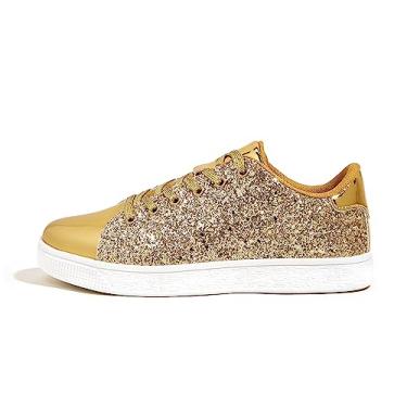 Imagem de LUCKY STEP Tênis de cadarço com purpurina, tênis fashion para mulheres/meninas, Dourado, 7