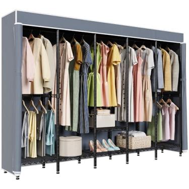 Imagem de Higeego H5C Rack de roupas resistente com capa suporte de roupas com prateleiras ajustáveis e varões de pendurar armário à prova de poeira para armazenamento e organizador, rack preto com capa cinza