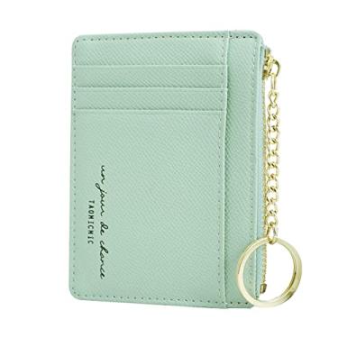 Imagem de Carteira feminina fina de couro com porta-cartões, pequena carteira, porta-moedas e chaveiro, Verde, Small