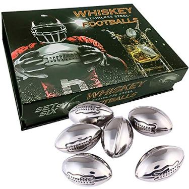 Imagem de Whisky Stones Stainless Steel Footballs Set of 6 in a Luxury Box. Reusable Chilling Rocks Stone Ice Cubes Beer, Wine Chillers. Cool Birthday Gift Sets for Him Man Father's day Dad or Rugby Sports Fan.