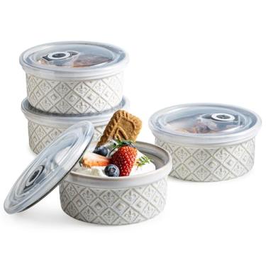 Imagem de MISSYSSIM 340 g Suflê Ramekins Seguro para Forno com Tampas, Pequenos Pratos Creme Brulee, Copos de Creme de Cerâmica, Tigelas de Assar para Sobremesa, Molho de Molho, Pudim, Conjunto de 4, Bege