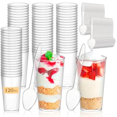 Imagem de 240 peças de copos de sobremesa com colheres, 120 peças, mini copo de parfait de sobremesa de plástico transparente de 85 g, 120 peças, colheres para festa, pequena, redonda, porção de vinho, tigela