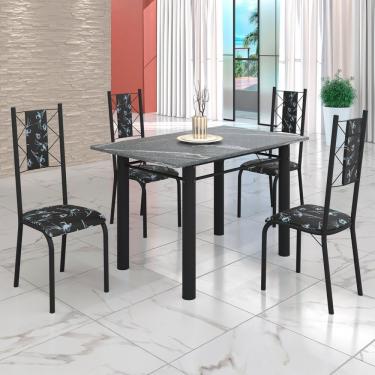 Imagem de Conjunto Sala De Jantar Mesa Tubo 120x75cm Tampo Pedra Granito 4 Cadeiras Preto Floral-preto Fosco