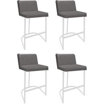 Imagem de Kit 04 Banquetas Com Encosto Confort Bistrô Cozinha Ferro Branco Corino Cinza Amey Decor