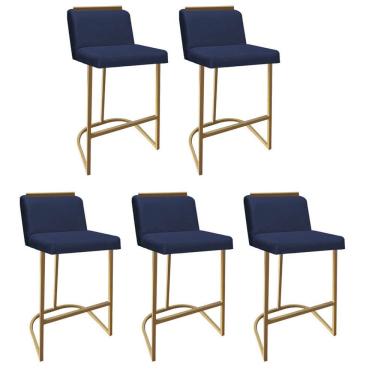 Imagem de Kit 05 Banquetas Com Encosto Confort Bistrô Cozinha Ferro Dourado Suede Azul Marinho Amey Decor