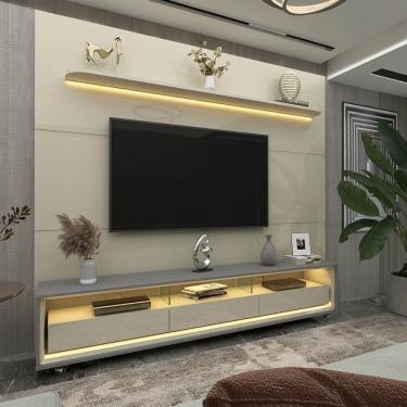 Imagem de Rack Com Painel Para Tv Até 85 Polegadas Led 3 Gavetas Com Rodízios 220cm Royal/requinte Off White/cinza-off White