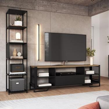 Imagem de Sala De Estar Completa Com 2 Itens Rack Tv 60 Polegadas Telado E Estante Alta Telada Preto