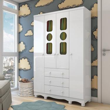 Imagem de Guarda-roupa Infantil 122,1cm 4 Portas 3 Gavetas Com Janelas E Pés Ezra 100% Mdf Espresso Móveis Branco