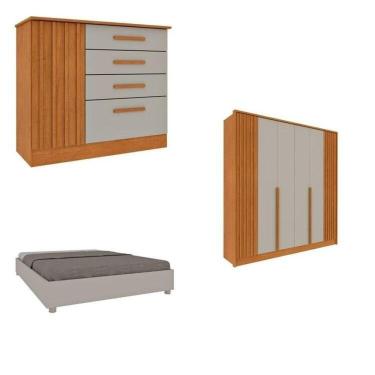 Imagem de Quarto Casal Completo Guarda-roupa 6 Portas E Cômoda 4 Gavetas Ripado Nova York E Cama Queen Mônaco Cinamomo-off White