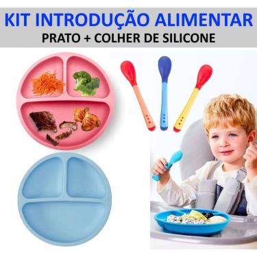 Imagem de Kit Introdução Alimentar Prato Silicone e Ventosa + Colher Silicone Termosensível Bebê Menino Menina