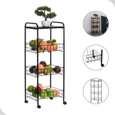 Imagem de Fruteira 3 andares de Chão Aramada Com Rodinhas Tampo Madeira Preta - 
