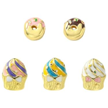 Imagem de UR URLIFEHALL 5 peças, 5 estilos de contas de bolo de rosquinha de latão, banhadas a ouro 18K, imitação de sobremesa doce, contas de comida para pulseira, artesanato faça você mesmo para fazer joias