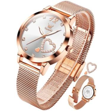 Imagem de OLEVS Relógio feminino de malha com data, analógico, quartzo, feminino, vestido clássico, relógio de pulso feminino à prova d'água (azul/preto/branco), Coração ouro rosa branco, relógios de negócios