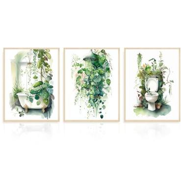 Imagem de Dazzlewall 3 peças de pôsteres botânicos de arte de parede de banheiro, impressões de folhas tropicais verde-sálvia para decoração de banheiro, lavanderia, 30 x 40 cm, sem moldura