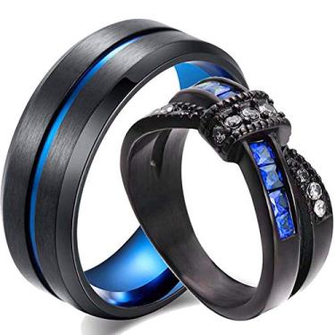 Imagem de ringheart Aliança de casamento masculina de 8 mm de aço de titânio banhado a preto e azul, anel de casamento feminino de zircônia cúbica azul, Cristal Metal Strass Pedra, Zircônia cúbica,
