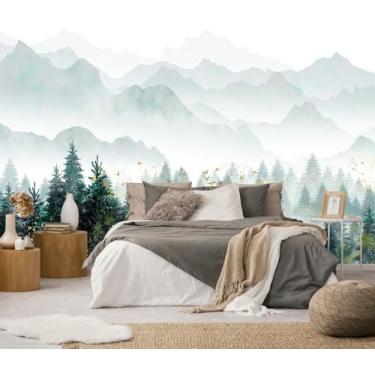 Imagem de Papel de parede de floresta nebulosa com manchas douradas, mural Misty Mountain Peaks, mural de parede de paisagem natural (não autoadesivo)