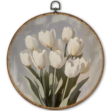 Imagem de TLESKE Decoração de parede redonda floral tulipa branca vintage emoldurada 25 x 25 cm, arte de parede em tela de flor, decoração de parede estética para decoração de porta de quarto, banheiro e sala
