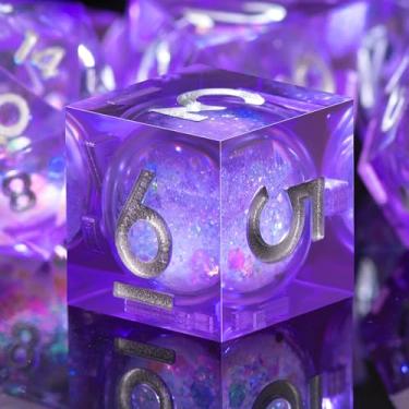 Imagem de AUSTOR Liquid Core DND Dice Set, 7-Die Sharp Edge Polyhedral Dice Quicksand Handmade Resin Dices for Dungeons and Dragons RPG MTG Table Games, Violet, Silver