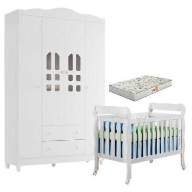 Imagem de Berço Americano Lila E Guarda Roupa Infantil New Selena 4 Portas Branc