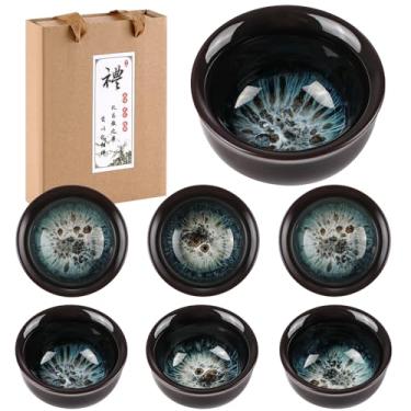 Imagem de Skyley Conjunto de 6 peças de copos de shot de soju coreano, copos de porcelana, xícaras de cerâmica coreana, acessórios de chá, utensílios de bebida, cerâmica artesanal (marrom escuro, padrão ouro