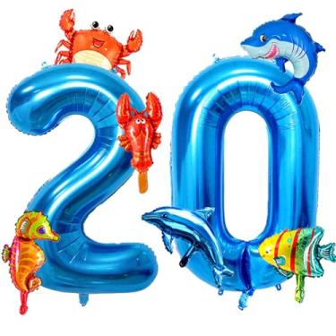 Imagem de Wuhetyo Balão azul número 20 de 101 cm, balão de alumínio de animais do oceano, 5 mini balões de animais marinhos fofos sob os peixes para 20º aniversário tema do mar, decorações de festa de