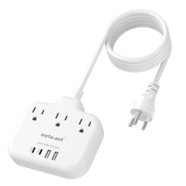 Imagem de Adaptador de alimentação Tailândia com cabo de extensão de 1,2 m, adaptador de tomada meta-ant Tailândia com 3 tomadas americanas, 4 portas USB (2 USB-C), adaptador tipo O para EUA para