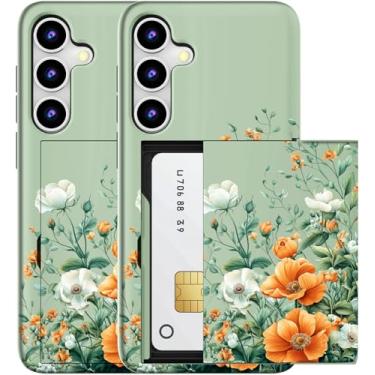 Imagem de MUQR Capa compatível com Samsung Galaxy S24 FE com suporte de cartão fofo - Design Kawaii, proteção contra quedas de nível militar, capa carteira robusta para mulheres (buquê de flores laranja verde)