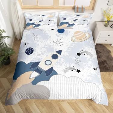 Imagem de Feelyou Jogo de cama queen de foguete de astronauta, desenho animado do espaço sideral, para crianças e adultos, capa de edredom com estampa de foguete espacial, capa de edredom para decoração de