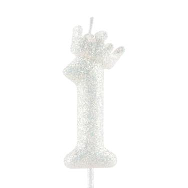 Imagem de Velas de aniversário com coroa branca com glitter, vela branca clássica com número de aniversário para decoração de topo de bolo, meninas, casamento, comemoração, artigos para festas felizes