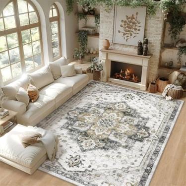 Imagem de ESSMOKO Tapetes tapete turquesa persa para casa, sala de estar, quarto, mesinha de cabeceira, lavável à máquina, vários tamanhos, branco clássico, 40 x 60 cm