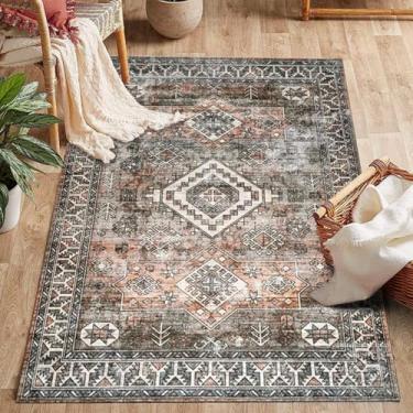 Imagem de ESSMOKO Tapetes de área para sala de estar, nórdico, retrô, estilo étnico, tapete de quarto, tapete de lã artificial, lavável na máquina, fácil de cuidar, 180 x 275 cm, marrom retrô