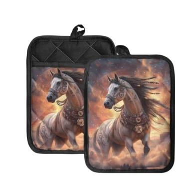 Imagem de WELLFLYHOM Western Horse Conjunto de 2 peças de suportes de panela de cozinha com bolso para pegadores de panela de algodão nativo resistente ao calor, luvas de forno, saco de cozinha para micro-ondas