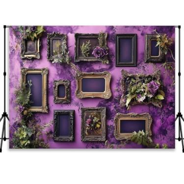Imagem de QICAIYUN Fundo de parede com moldura vintage roxa rosa floral para fotos de flores para casamento, capina, chá de panela, decoração de festa, adereços para fotos 2,1 x 1,5 m YUNBDJ1847