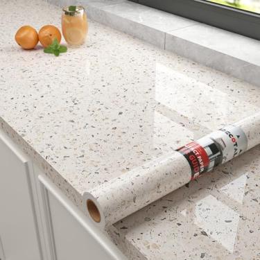 Imagem de Decotalk Papel de contato de granito brilhante para bancadas papel de contato de bancada de granito bege descasque e cole 48 x 500 cm papel de parede bege terraço removível cozinha balcão capa de