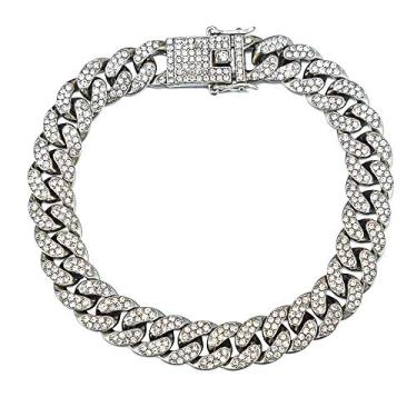 Imagem de Tornozeleira de corrente preenchida com strass de 12 mm de largura, pulseira de tornozelo punk hip-hop banhada a ouro 18 K / ouro branco para mulheres, comprimento 25,4 cm, peso 46 g, Metal Strass