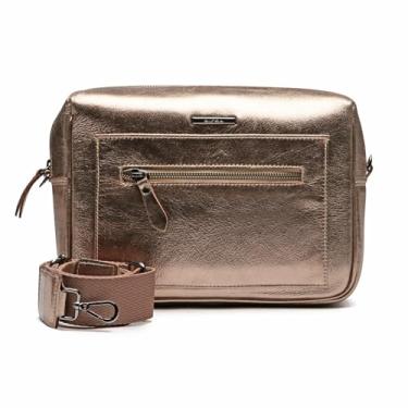 Imagem de Bolsa Tiracolo Transversal em Couro, Feminina, 5 Compartimentos, Fecho com Zíper, Preta (METALIZADO OURO VELHO)