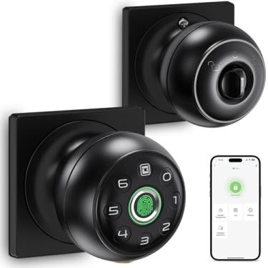 Imagem de GeekTale Fechadura de porta de impressão digital para quartos, maçaneta de porta com impressão digital com fechadura, fechadura inteligente, controle de aplicativo, chaves de reserva, maçaneta de